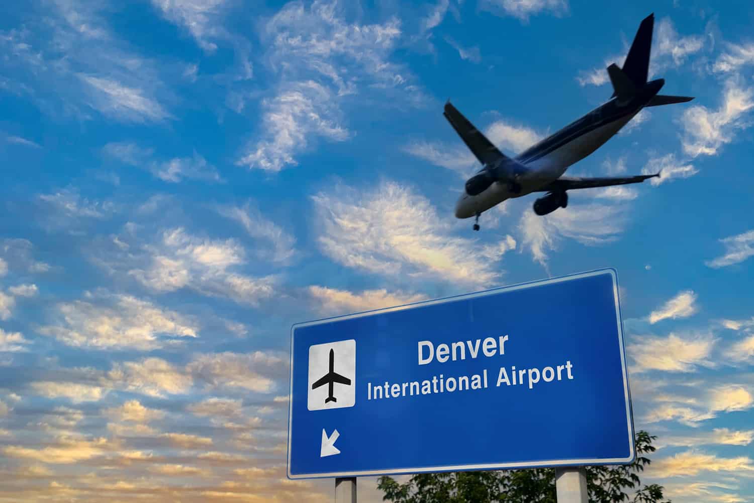 Denver Airport sign with plane flying overhead